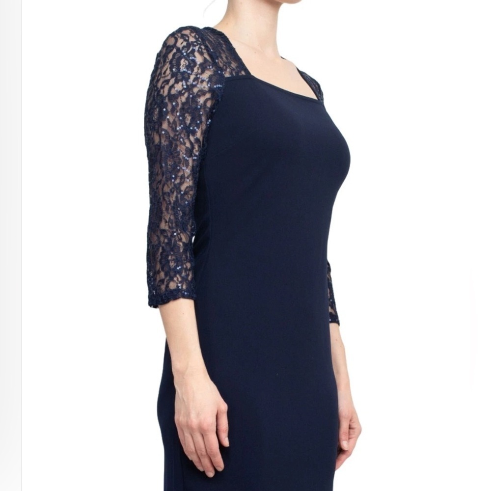 SL Fashion Elegant Navy Lace Sleeve Dress - Picture 4 of 5